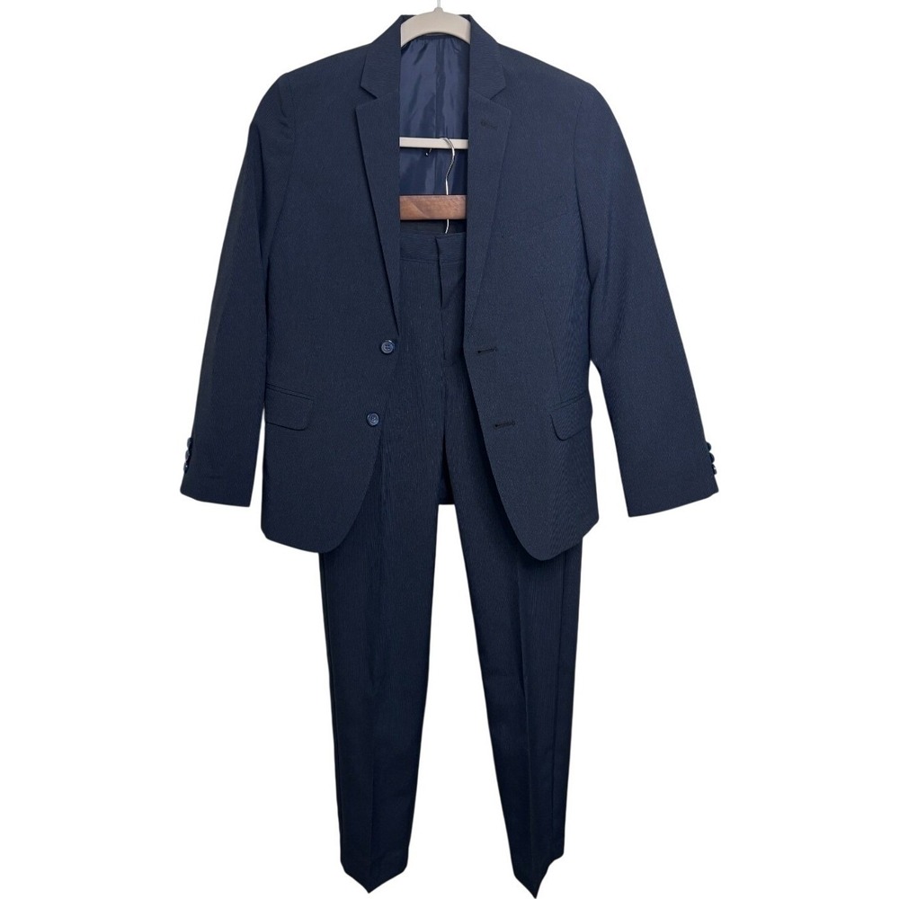 Van Heusen Boys Suit Navy Pin Stripe Size 12 Reg 2 Pc Set Jacket & Pants EUC